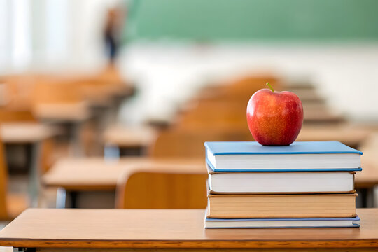 Teacher's desk with books and apple in classroom