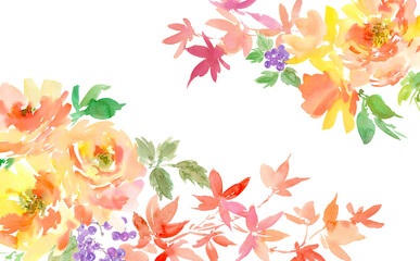 Watercolor abstract frame with orange peonies, autumn leaves, and berries on a transparent background. Hand-painted autumn plants and flowers background.
