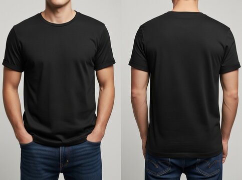 black/white t-shirt mockup, front and back. Casual model, white background, high resolution. Commercial.