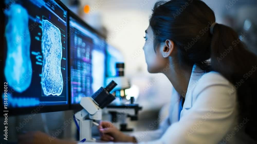 Aufkleber focused scientist analyzing microscopic structures on dual monitors in laboratory