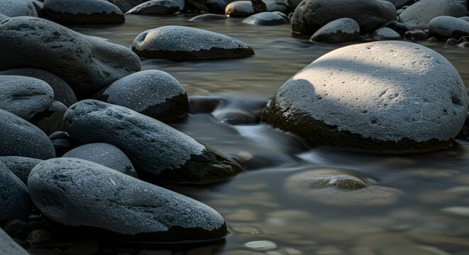 River stones sit quietly in a tranquil stream during a calm morning as water flows gently over the smooth dark surfaces of nature.