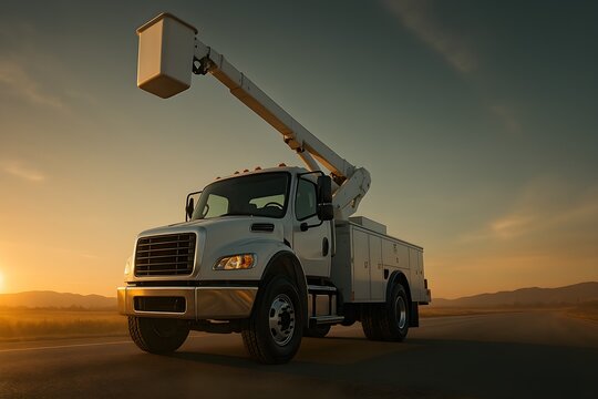 A utility service truck with an elevated bucket arm positioned against a scenic sunset backdrop.