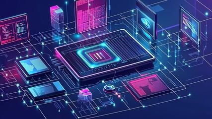 Futuristic digital circuit board with glowing components and holographic displays showcasing data flow - Powered by Adobe