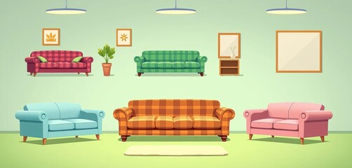 Modern cartoon sofas & couches in plaid & solid colors, various styles for living room or office Vector set, sofa,  couch