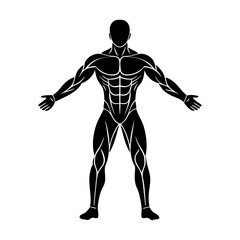 Illustration of a muscular man with arms outstretched in a black silhouette