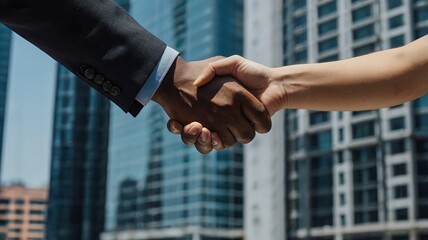Close up of a handshake between two people in front of a modern building in an urban environment