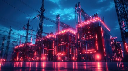 A futuristic AI-controlled energy distribution center glowing in neon hues 