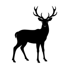 Silhouette of a deer standing with its antlers in full view on white