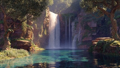 Tranquil waterfall cascading into a serene pool, surrounded by lush foliage and rocks