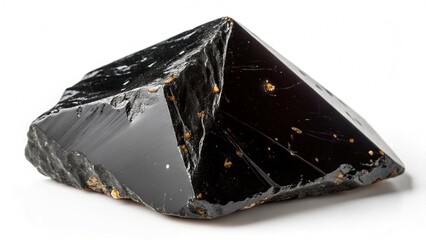 A shiny dark obsidian stone with reflective surfaces and rough edges
