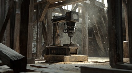 Fototapeta premium Antique drill press in rustic workshop