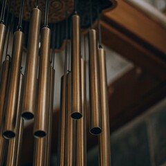 A group of bronze wind chimes hanging indoors