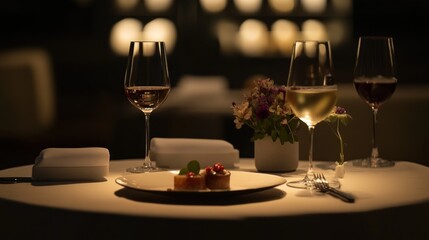 Elegant dining experience.  A table set with fine wine glasses, dessert, and flowers in a sophisticated restaurant at night