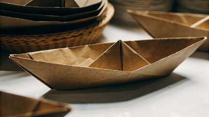 A paper origami boat made of brown craft paper is displayed on a white surface