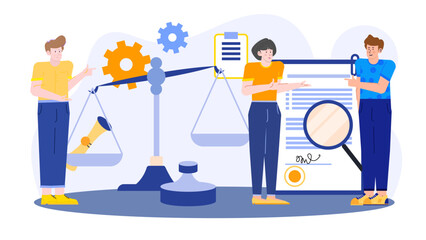 Contract review with three people and a scale, perfect for illustrating team collaboration, legal processes, business deals, negotiation situations.