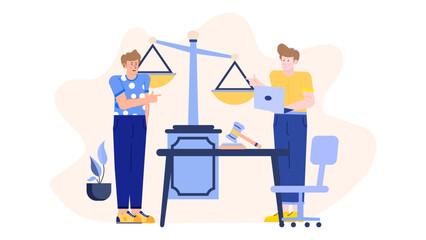 Two people stand in front of a scale, a gavel, and a desk. Ideal for legal, justice, law, court, and judgment themes.