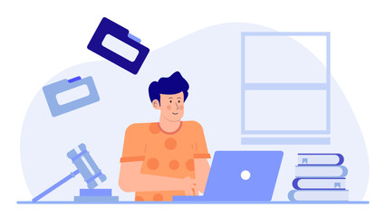 a man using a laptop, suitable for technology related content, work from home, online communication, remote collaboration, blogging, or freelance work.