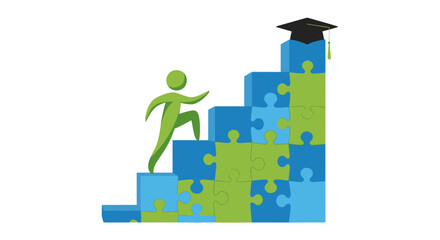 Green Figure Climbing Puzzle Piece Steps to Graduation Cap