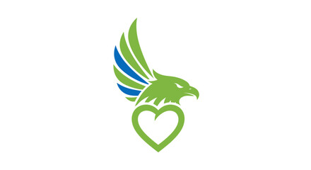 Green Eagle Head with Wing and Heart Logo Design