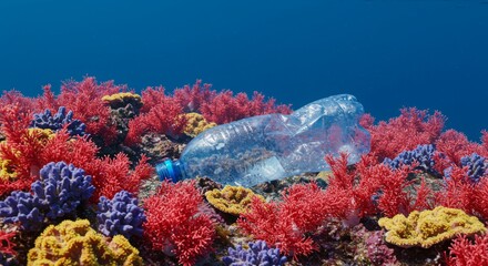 coral reefs and a plastic bottle trash