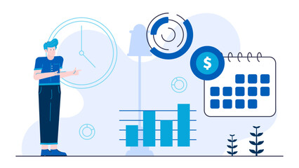 Man with blue hair points to clock by calendar. Suitable for time management, scheduling, business appointments, and concept of time.
