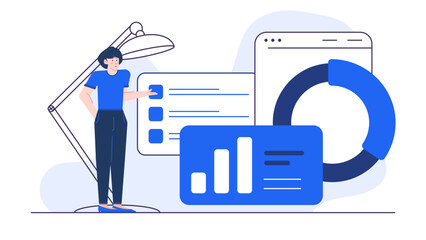 Person giving a presentation with charts and graphs, ideal for business, finance, statistics, data analysis, corporate, educational materials.