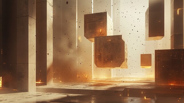 A abstract dusty construction scene, filled with geometric shapes and glowing dust.