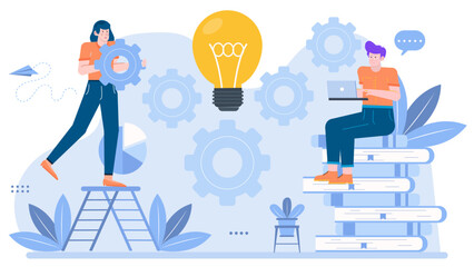 Two colleagues collaborating on a creative project, incorporating gears, a light bulb, and a ladder. Ideal for teamwork concepts and innovation themes.