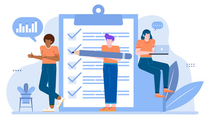 Three people focused on completing a checklist together. Ideal for illustrating teamwork, organization, productivity, and project management concepts.