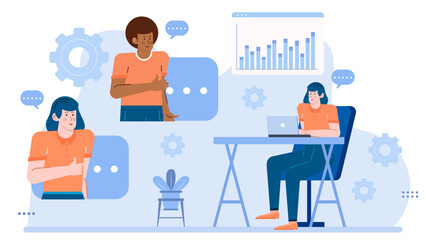 Three people in a video call discussing a graph, ideal for illustrating virtual team meetings, remote collaboration, and business presentations.