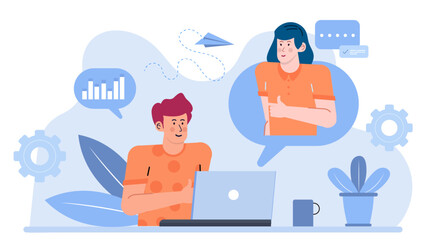 Man working on laptop with woman giving thumbs up, portraying teamwork, success, business partnership, technology, collaboration, approval, productivity, and support.