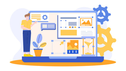 Man by laptop with hourglass and plant suitable for business time management concepts and productivity tips blog posts. Timing and growth.
