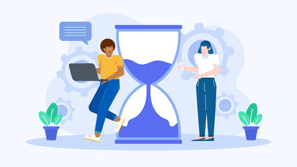 Two people stand by a giant hourglass. Perfect for time management, deadlines, teamwork, efficiency concepts in presentations, articles, designs.