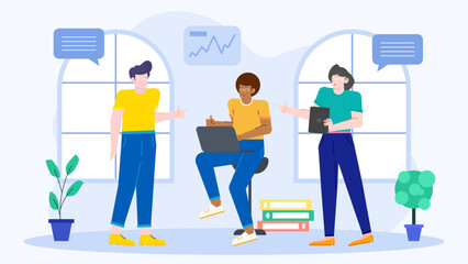 Three people working in a modern office surrounded by lush green plants. Perfect for business websites, presentations, and creative projects.