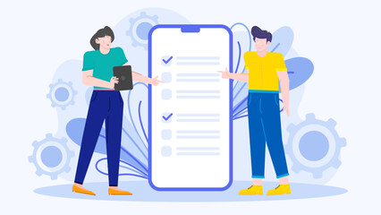 Two people by a giant phone with a checklist suitable for graphic design, technology, project management, teamwork, and communication concepts.