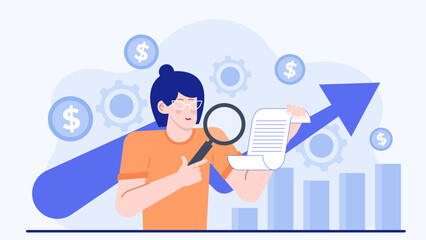 Woman analyzing financial document with magnifying glass, financial growth concept, business analysis, financial investigation, market research, financial planning materials.