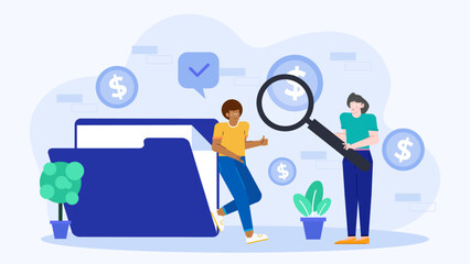 Two people with folder and magnifying glass with dollar sign. Financial investigation concept perfect for business presentations or finance blogs.