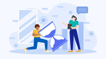 Two people gazing at hourglass, concept of time management, stress, deadline. Suitable for business, time management, deadline concept illustrations.
