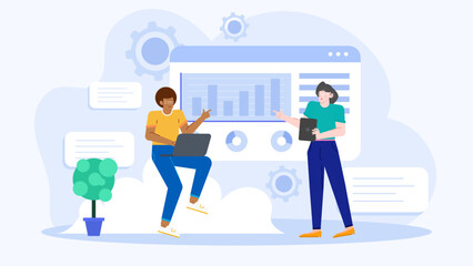 Two people analyzing data on laptop and tablet. Suitable for technology, teamwork, collaboration, analysis concepts in digital marketing materials.