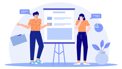 Man presenting to woman in office setting. Suitable for business presentations, workplace interactions, corporate communication, gender dynamics illustrations.