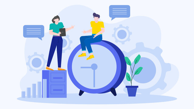 Two people by a large clock with gears; suitable for time management, business concepts, teamwork, or industrial technology themes.