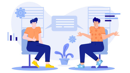 Two men seated conversing in an office, suitable for business concept visuals, workplace dialogue scenes for presentations or articles.