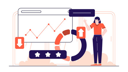 Woman pointing at a graph on a computer screen, suitable for business presentations, data analysis concepts, technology and financial topics.