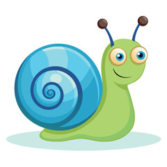 A funny, cute cartoon snail with a smiling face and a brown shell slowly makes its way through a happy garden, a small and fun character illustration
