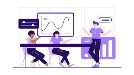 Three people analyzing a graph, suitable for business presentations, teamwork concepts, financial reports, data analysis articles, and educational materials.