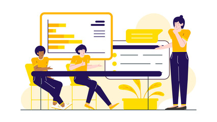 Presentation of graph to colleagues. Ideal for business, finance, sales, team meeting concepts. Professional setting with diverse coworkers.