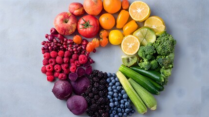 Colorful fruits, berries and vegetables in a circular arrangement, celebrating nature's vibrant bounty