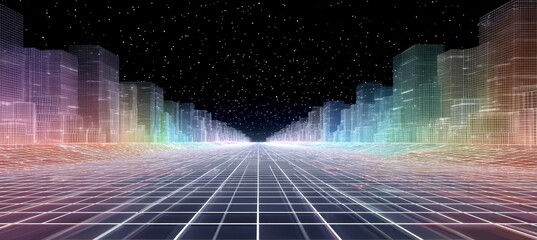 Virtual city building with perspective grid road. Cyberspace metaverse world. Generative AI technology.	
