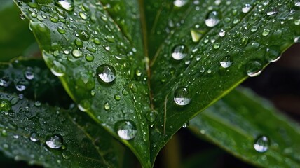 Close up of green leaves covered in water droplets reflecting light in the morning after rain