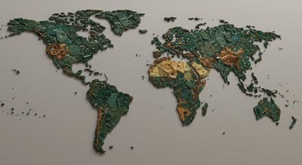 A world map made of scrap plastic pieces on a gray background